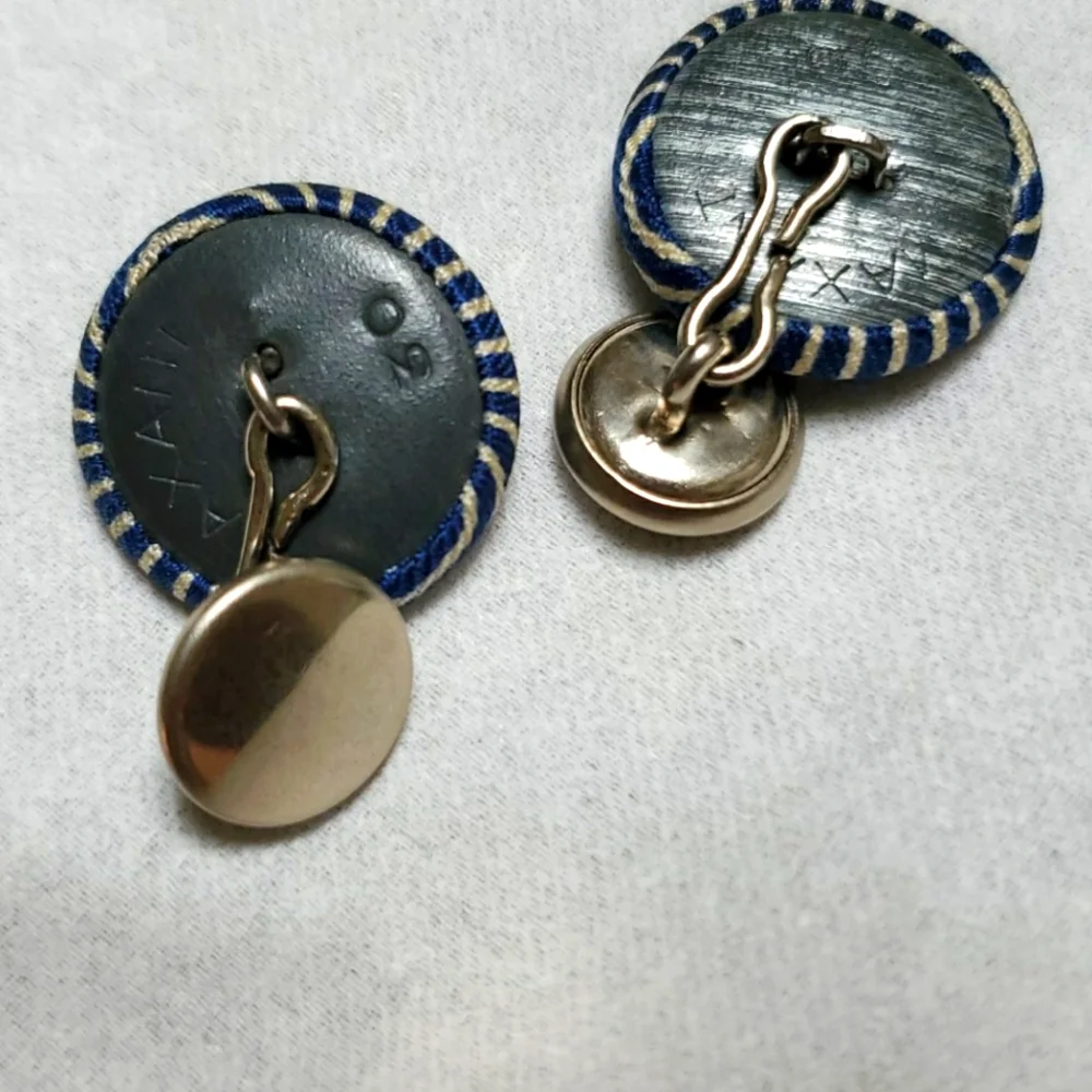 Blue & White Striped Newsboy Cufflinks Round Double Button  Fabric